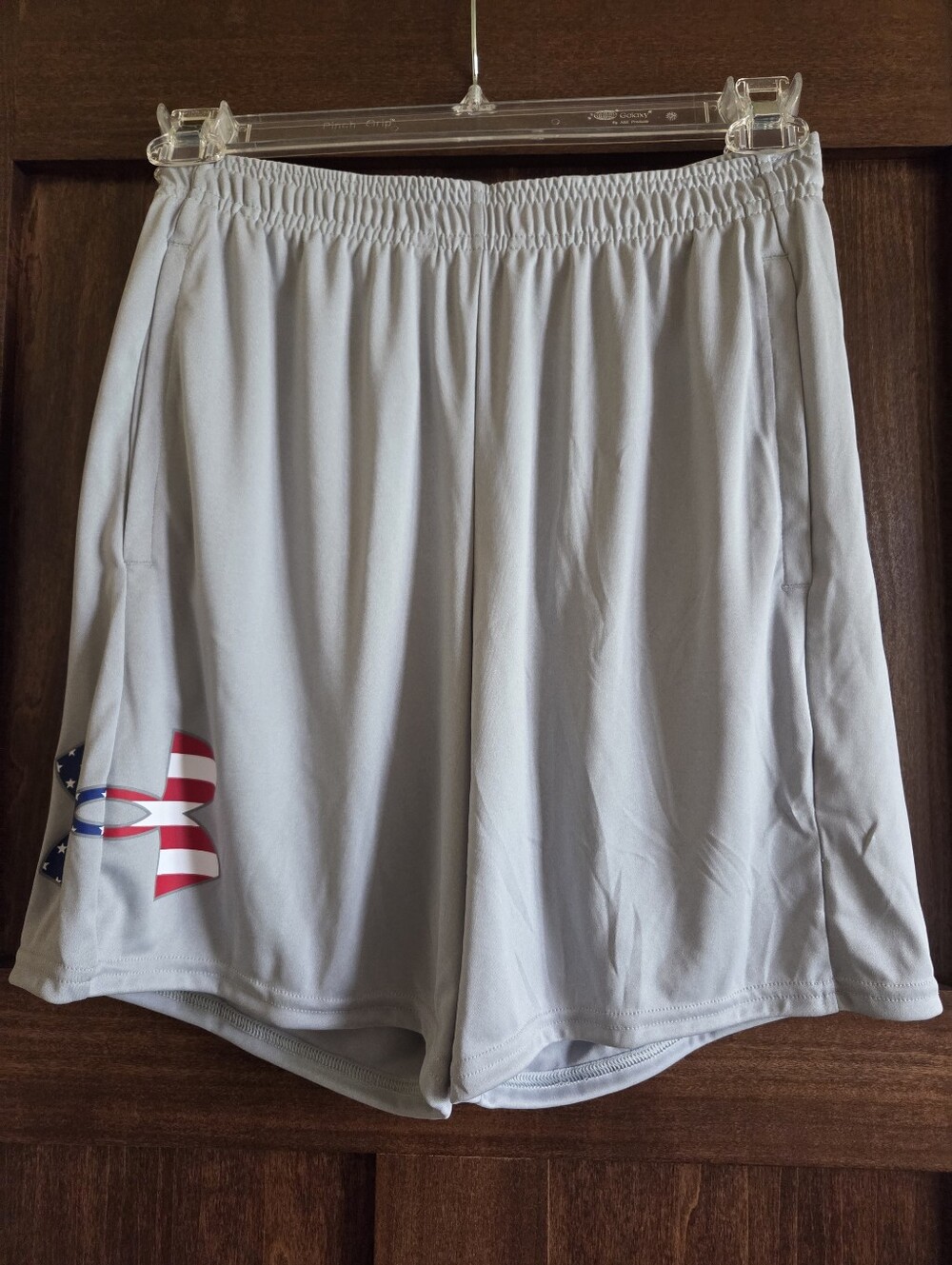 Under Armour Men's Light Gray Athletic Shorts with American Flag Logo - NWT!